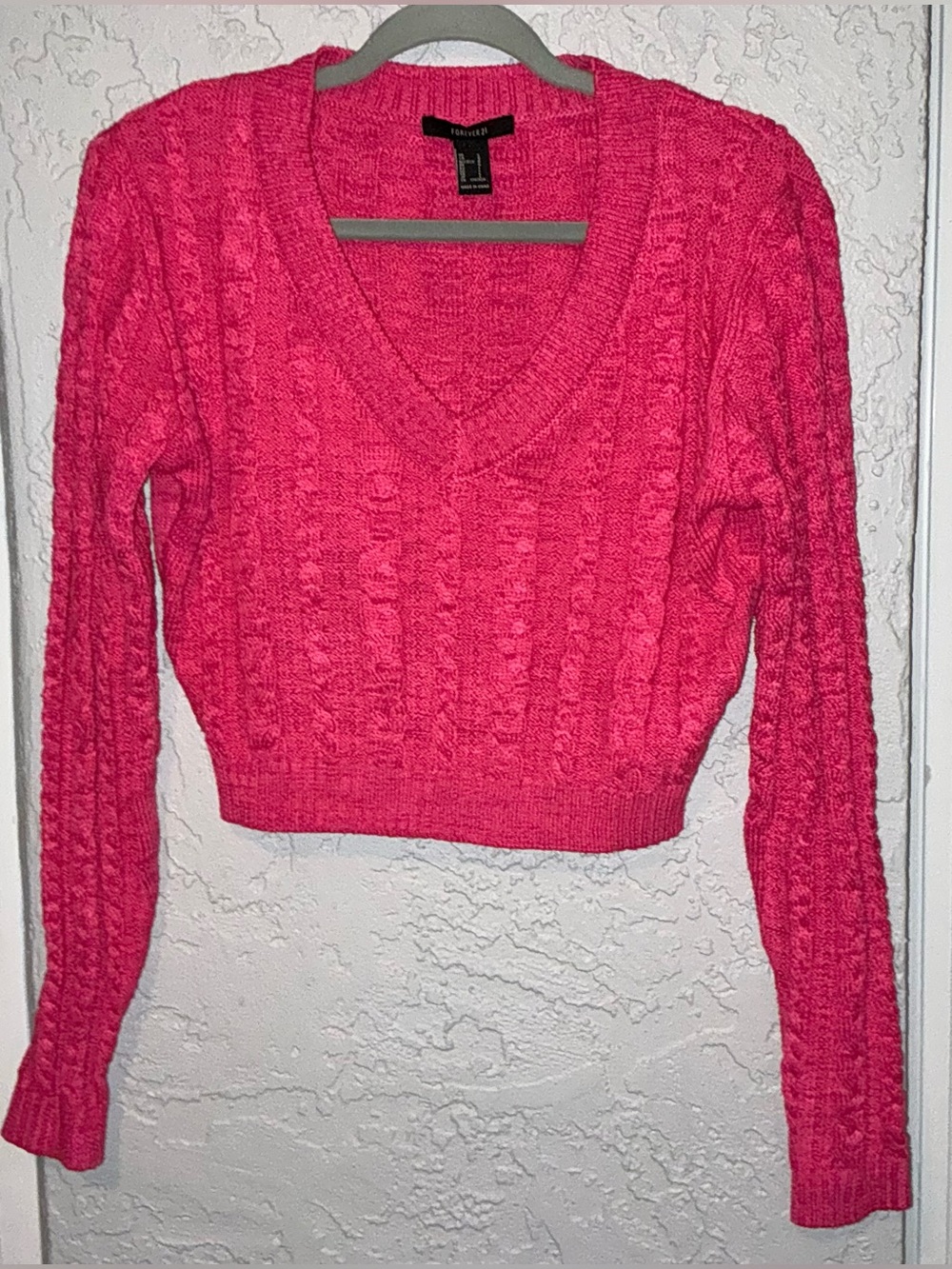 Forever 21 Hot Pink Cable-Knit V-Neck Cropped Sweater